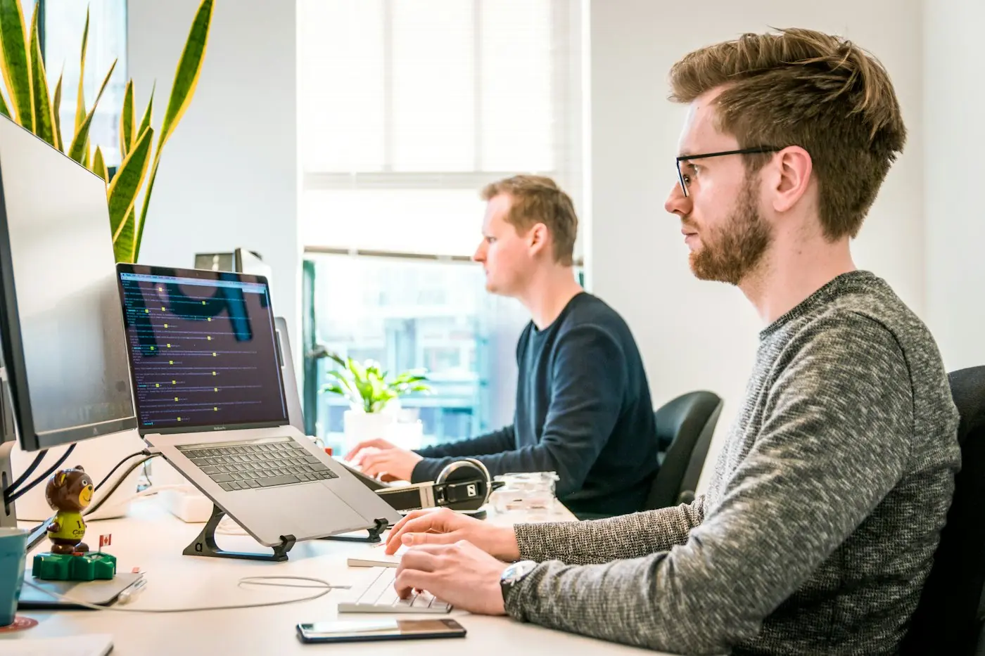 Two software professionals collaborating at a desk